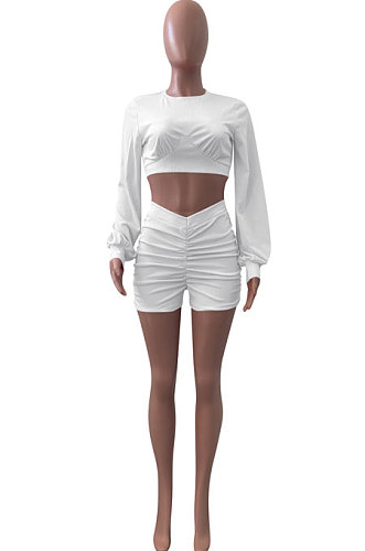 White Women Shirred Detail Autumn Winter Sport Casual Shorts Sets NK253-2