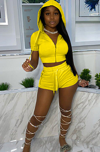 Yellow Euramerican Pure Color Hoodie T Shirt Shorts Two Piece X9301-3