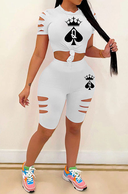 White Hurnt Flower Printing Casual Sport Shorts Sets PY803-4