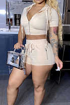 Apricot Euramerican Pure Color Hoodie T Shirt Shorts Two Piece X9301-9