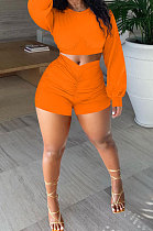 Orange Women Shirred Detail Autumn Winter Sport Casual Shorts Sets NK253-4