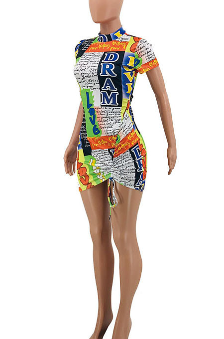 Multi Green Printing Shirred Detail Sexy Mini Dress PY801 -2