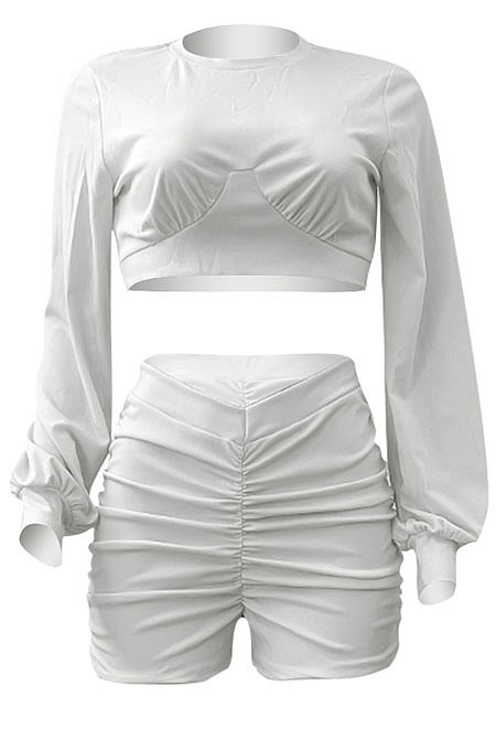White Women Shirred Detail Autumn Winter Sport Casual Shorts Sets NK253-2