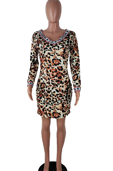 Yellow Leopard Print Sexy Screw Thread Long Sleeve Dress LSZ9011-1