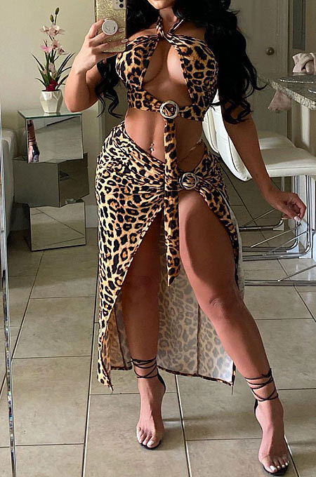 Brown Sexy Leopard Women Bandage Chest Wrap Open Fork Skirts Sets AYL88803-2