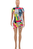 Multi Blue Printing Shirred Detail Sexy Mini Dress PY801 -1