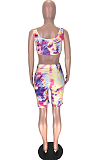 Yellow Fashion Casual Tie Dye Hurnt Flower Vest Shorts Two Piece LL6330-1