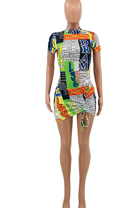 Multi Green Printing Shirred Detail Sexy Mini Dress PY801 -2