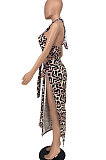 Brown Sexy Leopard Women Bandage Chest Wrap Open Fork Skirts Sets AYL88803-2