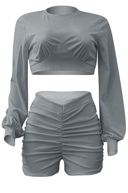 Gray Women Shirred Detail Autumn Winter Sport Casual Shorts Sets NK253-6
