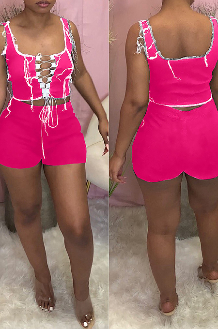 Rose Red Fashion Pure Color Vest Hollow Out Bind Shorts Two Piece LL6328-2