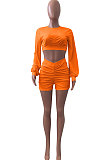 Orange Women Shirred Detail Autumn Winter Sport Casual Shorts Sets NK253-4