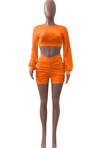 Orange Women Shirred Detail Autumn Winter Sport Casual Shorts Sets NK253-4