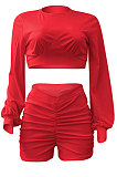 Red Women Shirred Detail Autumn Winter Sport Casual Shorts Sets NK253-5