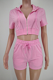 Pink Euramerican Pure Color Hoodie T Shirt Shorts Two Piece X9301-2