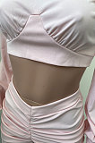 Pink Women Shirred Detail Autumn Winter Sport Casual Shorts Sets NK253-1