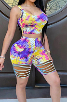 Yellow Fashion Casual Tie Dye Hurnt Flower Vest Shorts Two Piece LL6330-1