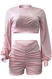 Pink Women Shirred Detail Autumn Winter Sport Casual Shorts Sets NK253-1
