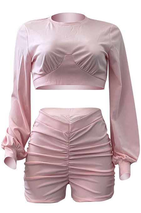 Pink Women Shirred Detail Autumn Winter Sport Casual Shorts Sets NK253-1