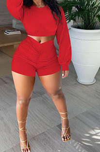 Red Women Shirred Detail Autumn Winter Sport Casual Shorts Sets NK253-5