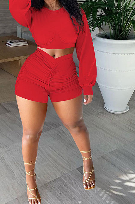 Red Women Shirred Detail Autumn Winter Sport Casual Shorts Sets NK253-5