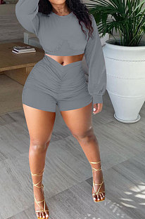 Gray Women Shirred Detail Autumn Winter Sport Casual Shorts Sets NK253-6