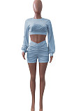 Blue Gray Women Shirred Detail Autumn Winter Sport Casual Shorts Sets NK253-9