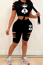 Black  Hurnt Flower Printing Casual Sport Shorts Sets PY803-3