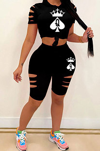 Black  Hurnt Flower Printing Casual Sport Shorts Sets PY803-3