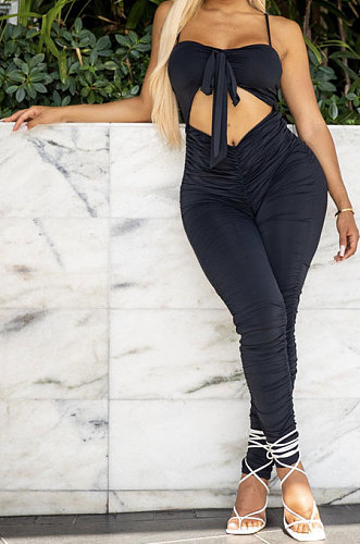 Black Women Pure Color Tight Sexy Shirred Detail Bodycon Jumpsuits KXL842-1