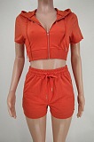 Red Euramerican Pure Color Hoodie T Shirt Shorts Two Piece X9301-4