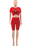 Red Hurnt Flower Printing Casual Sport Shorts Sets PY803-2