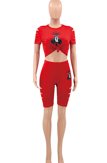 Red Hurnt Flower Printing Casual Sport Shorts Sets PY803-2