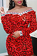 Red Leopard Print Sexy Screw Thread Long Sleeve Dress LSZ9011-2