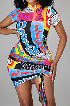 Multi Blue Printing Shirred Detail Sexy Mini Dress PY801 -1