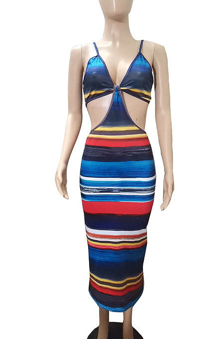 Red Screw Thread Stripe Condole Belt Long Dress FA7240