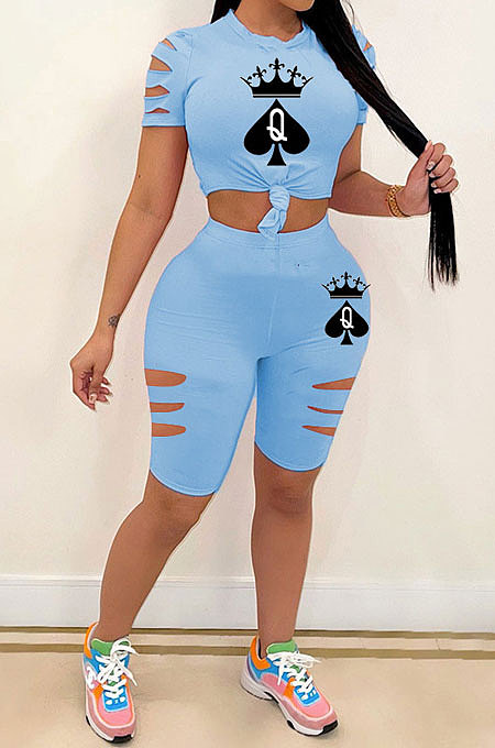 Blue Hurnt Flower Printing Casual Sport Shorts Sets PY803-1