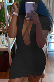 Black JH 257ashion Sexy Pure color Deep V Short Sleeve Short Dress JH257-4