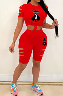 Red Hurnt Flower Printing Casual Sport Shorts Sets PY803-2