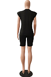 Black Casual Pure Color Sleeveless Shoulder pads T Shirt Shorts Sets CM2142-2