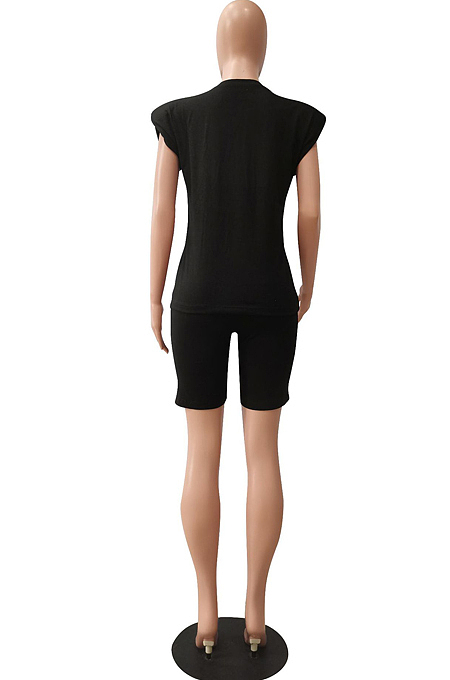 Black Casual Pure Color Sleeveless Shoulder pads T Shirt Shorts Sets CM2142-2
