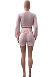 Pink Women Shirred Detail Autumn Winter Sport Casual Shorts Sets NK253-1