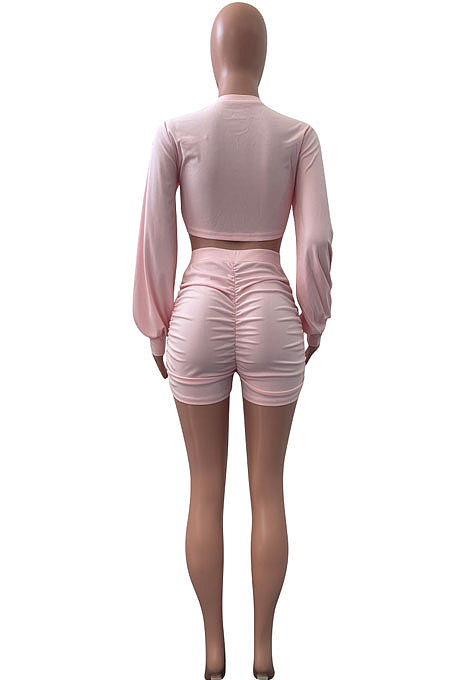 Pink Women Shirred Detail Autumn Winter Sport Casual Shorts Sets NK253-1