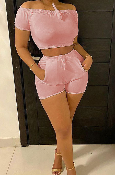 Pink Pure Color A Word Shoulder Shorts Drawsting Two-Pieces MOL167-2