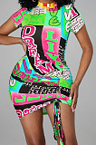 Multi Green Printing Shirred Detail Sexy Mini Dress PY801 -2