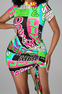 Multi Green Printing Shirred Detail Sexy Mini Dress PY801 -2
