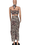 Brown Sexy Leopard Women Bandage Chest Wrap Open Fork Skirts Sets AYL88803-2