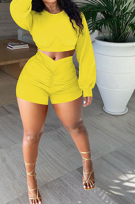 Yellow Women Shirred Detail Autumn Winter Sport Casual Shorts Sets NK253-3
