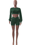 Army Green Women Shirred Detail Autumn Winter Sport Casual Shorts Sets NK253-12