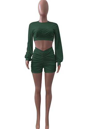 Army Green Women Shirred Detail Autumn Winter Sport Casual Shorts Sets NK253-12